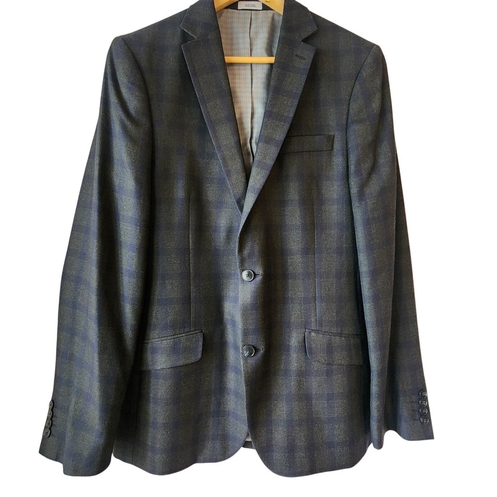 J. FERRAR Suit Jacket Mens 42L Slim Fit‎ Plaid Charcoal Gray Blue Sport Coat